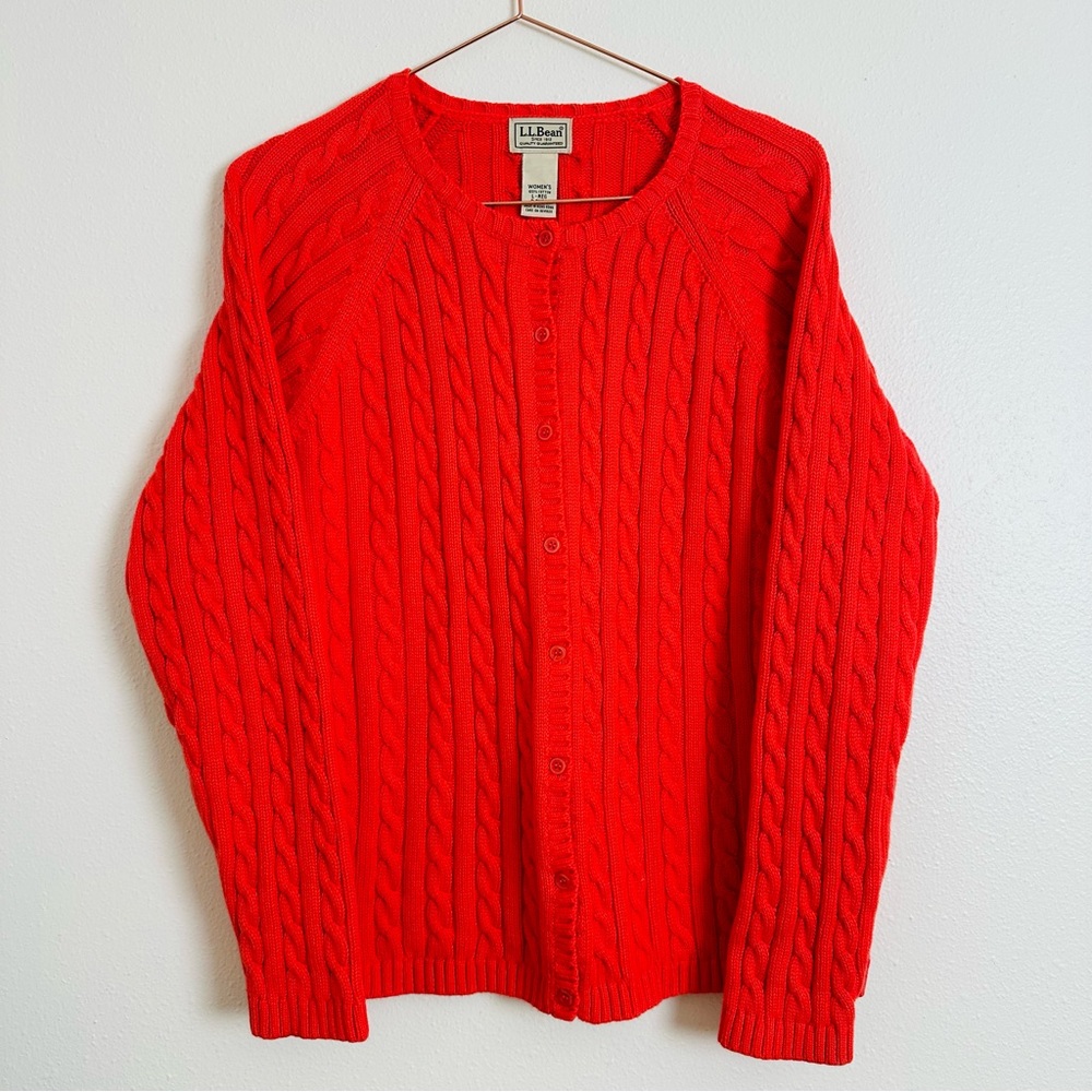 Vintage L.L.Bean Cable Knit Cardigan Sweater Salmon Color - Picture 5 of 8